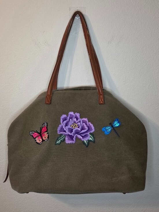 Persephone's Daughter Handbags - Upcycled Canvas Green Tote Bag with Floral Design